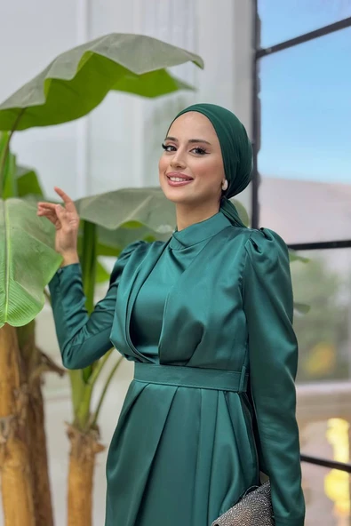 Etek Püskül Detay Kemer Aksesuarlı Saten Abiye Elbise 3763 Zümrüt - Resim 4