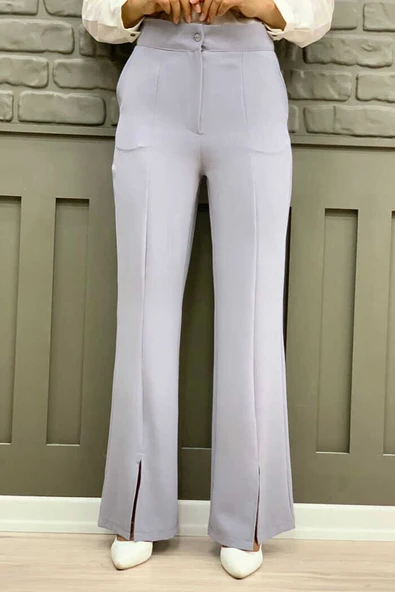 Fermuarlı Yırtmaç Detaylı Cepli Krep Pantolon 0271 Gri - Resim 2