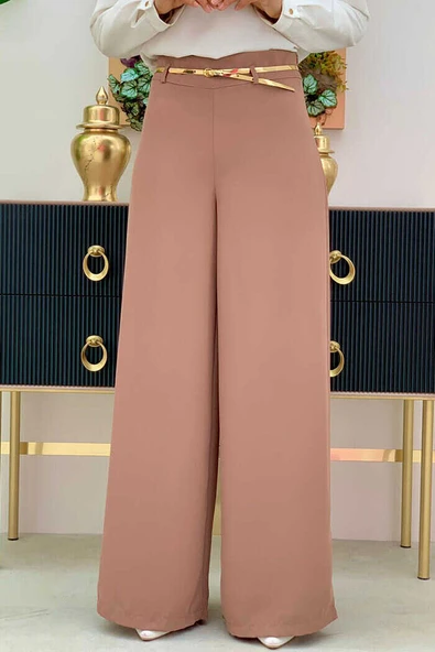 Fermuarlı Kemer Aksesuarlı Pantolon Etek 0125 Taba - Resim 2