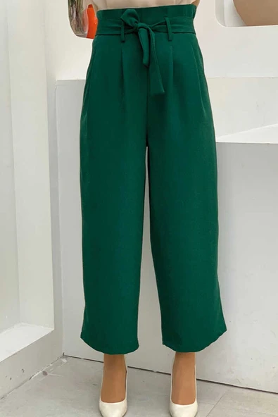 Fermuarlı Bel Bağcıklı Pantolon 0174 Zümrüt - 3