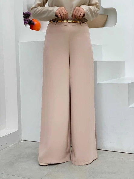 Büyük Beden Fermuarlı Kemer Aksesuarlı Pantolon Etek 0125-1 Krem - 4