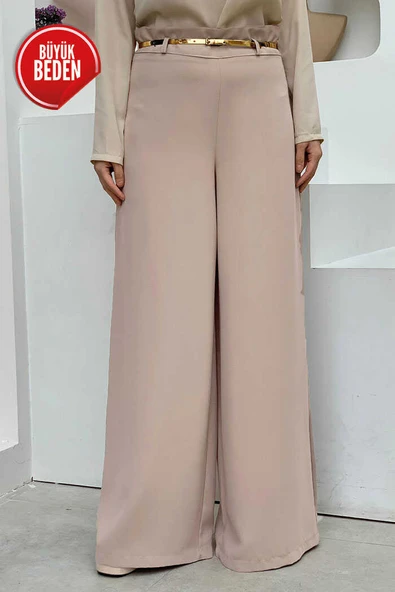 Büyük Beden Fermuarlı Kemer Aksesuarlı Pantolon Etek 0125-1 Krem - 3