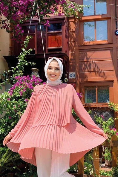 Çapraz Görünüm Pilise Detay Tunik 2363 Pudra