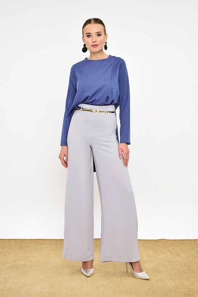 Büyük Beden Fermuarlı Kemer Aksesuarlı Pantolon Etek 0125-1 Gri - 2