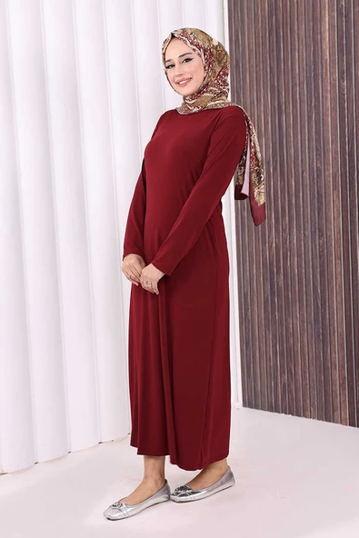 Düz Bisklet Yaka Uzun Kol İç Sandy Elbise 3202 Bordo - Resim 2