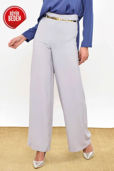 Büyük Beden Fermuarlı Kemer Aksesuarlı Pantolon Etek 0125-1 Gri - 5