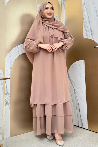 Kat Kat Görünüm Kol Manşetleri Lastikli Şifon Elbise 3060 Vizon - 5