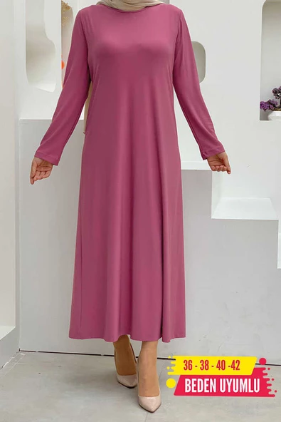 Düz Bisklet Yaka Uzun Kol İç Sandy Elbise 3202 Pudra