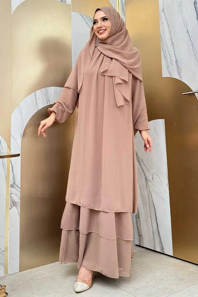 Kat Kat Görünüm Kol Manşetleri Lastikli Şifon Elbise 3060 Vizon - 7