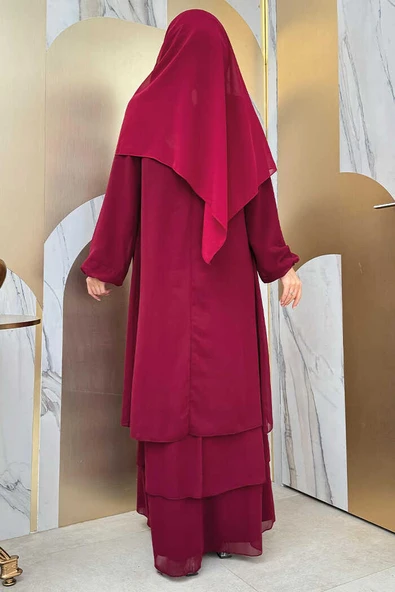 Kat Kat Görünüm Kol Manşetleri Lastikli Şifon Elbise 3060 Bordo - 6