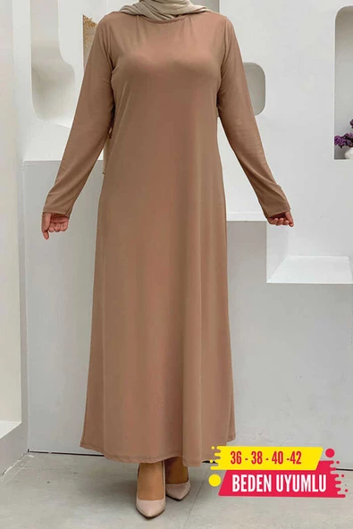 Düz Bisklet Yaka Uzun Kol İç Sandy Elbise 3202 Taba