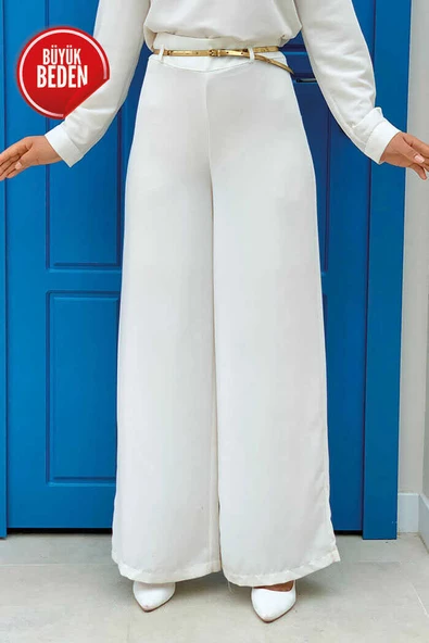 Büyük Beden Fermuarlı Kemer Aksesuarlı Pantolon Etek 0125-1 Ekru