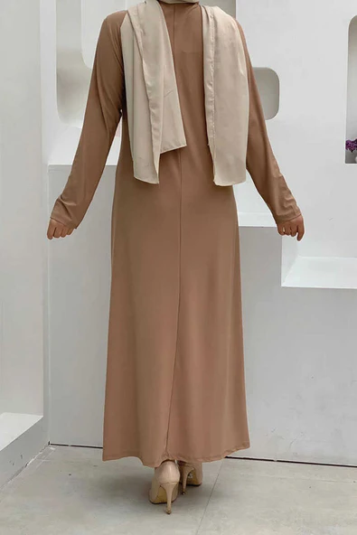 Düz Bisklet Yaka Uzun Kol İç Sandy Elbise 3202 Taba - 4