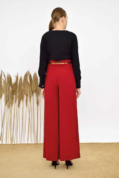 Büyük Beden Fermuarlı Kemer Aksesuarlı Pantolon Etek 0125-1 Bordo - Resim 8