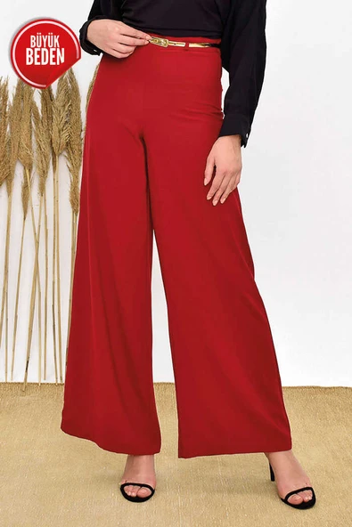 Büyük Beden Fermuarlı Kemer Aksesuarlı Pantolon Etek 0125-1 Bordo - Resim 5