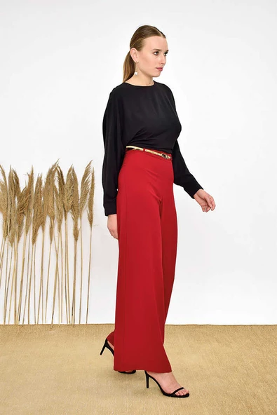 Büyük Beden Fermuarlı Kemer Aksesuarlı Pantolon Etek 0125-1 Bordo - Resim 7