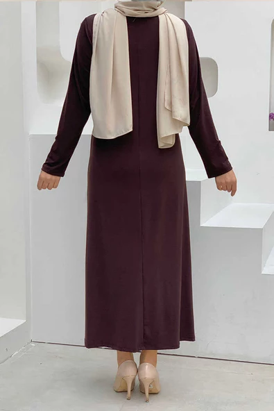 Büyük Beden Düz Bisklet Yaka Uzun Kol İç Sandy Elbise 3202-1 Kahverengi - 2