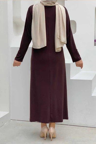 Büyük Beden Düz Bisklet Yaka Uzun Kol İç Sandy Elbise 3202-1 Kahverengi - 4