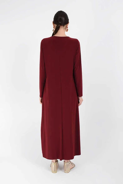 Büyük Beden Düz Bisklet Yaka Uzun Kol İç Sandy Elbise 3202-1 Bordo - 8