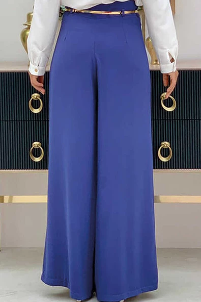 Büyük Beden Fermuarlı Kemer Aksesuarlı Pantolon Etek 0125-1 İndigo - Resim 2