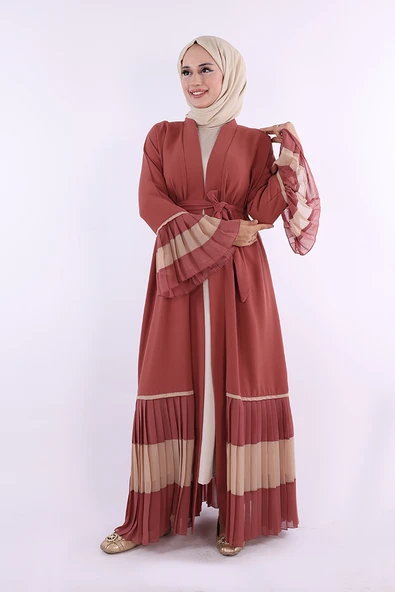 Kol ve Etek Ucu İki Renkli Bel Kuşaklı Piliseli Abaya 7454 Gül Kurusu - Resim 3