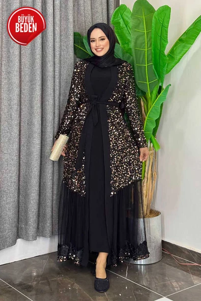Büyük Beden Tül İşleme Detay Pul Payetli Abaya 7376-1 Gold