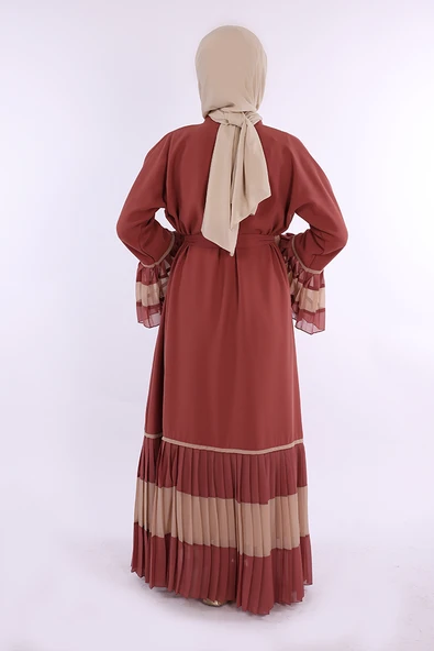 Kol ve Etek Ucu İki Renkli Bel Kuşaklı Piliseli Abaya 7454 Gül Kurusu - Resim 2