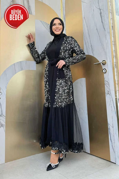 Büyük Beden Tül İşleme Detay Pul Payetli Abaya 7376-1 Gümüş