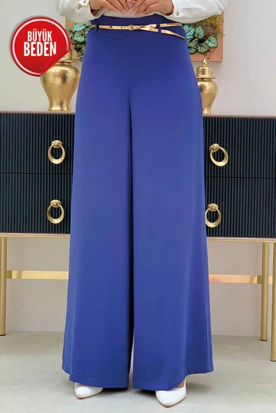 Büyük Beden Fermuarlı Kemer Aksesuarlı Pantolon Etek 0125-1 İndigo - Resim 3