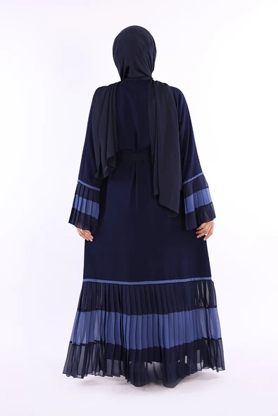 Kol ve Etek Ucu İki Renkli Bel Kuşaklı Piliseli Abaya 7454 Lacivert - Resim 2