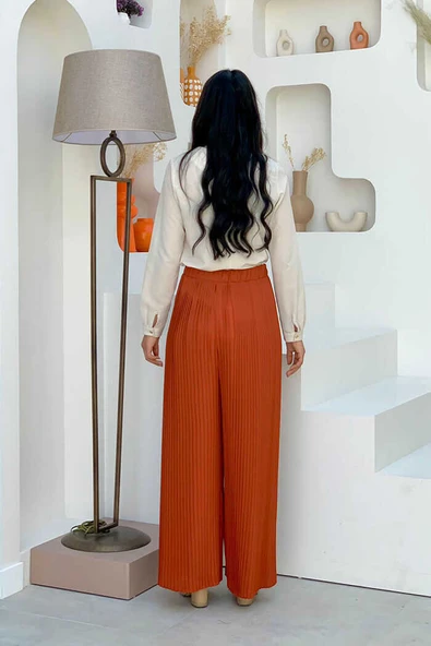 Bel Lastikli Bağcık Görünümlü Piliseli Pantolon 0129 Kiremit - Resim 4