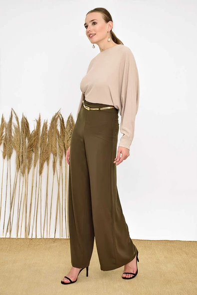 Büyük Beden Fermuarlı Kemer Aksesuarlı Pantolon Etek 0125-1 Haki - Resim 2