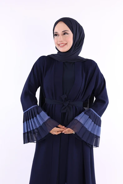 Kol ve Etek Ucu İki Renkli Bel Kuşaklı Piliseli Abaya 7454 Lacivert - Resim 4