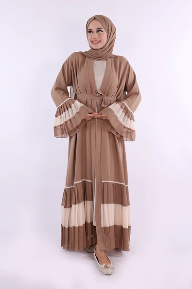 Kol ve Etek Ucu İki Renkli Bel Kuşaklı Piliseli Abaya 7454 Vizon ürün görseli