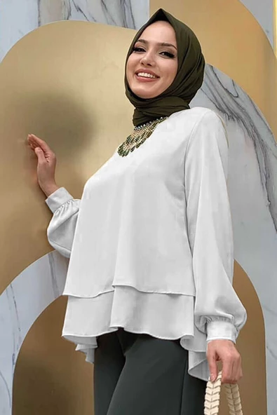 Kat Kat Kol Manşetli Şifon Bluz 5148 Ekru