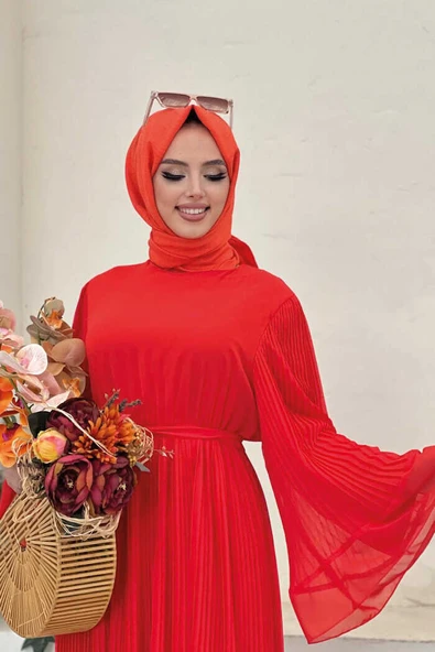 Piliseli Fırfır Görünümlü Astarlı Şifon Elbise 3404 Turuncu - 4