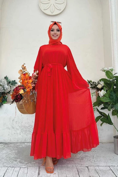 Piliseli Fırfır Görünümlü Astarlı Şifon Elbise 3404 Turuncu - 7