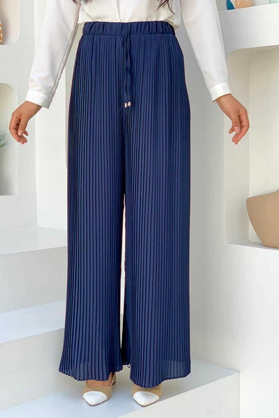 Bel Lastikli Bağcık Görünümlü Piliseli Pantolon 0129 Lacivert - Resim 2