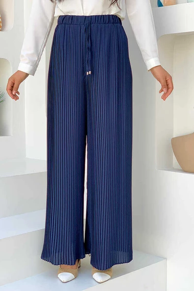 Bel Lastikli Bağcık Görünümlü Piliseli Pantolon 0129 Lacivert ürün görseli 1