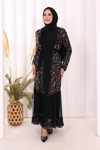Tül İşleme Detay Pul Payetli Abaya 7376 Gold - Resim 2