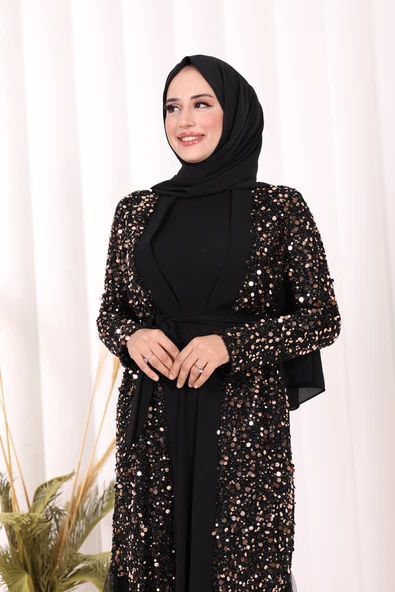 Tül İşleme Detay Pul Payetli Abaya 7376 Gold - Resim 7