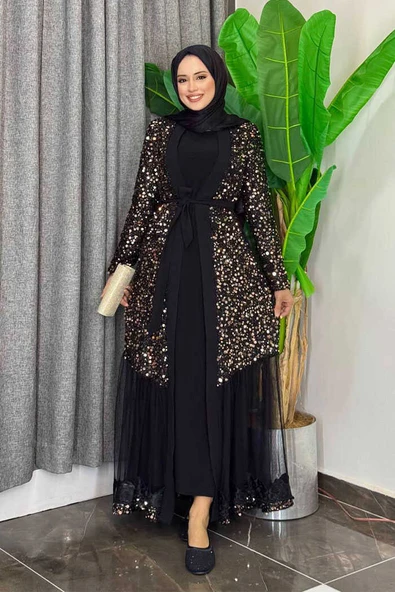 Tül İşleme Detay Pul Payetli Abaya 7376 Gold