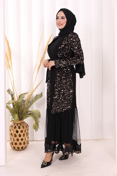 Tül İşleme Detay Pul Payetli Abaya 7376 Gold - Resim 5