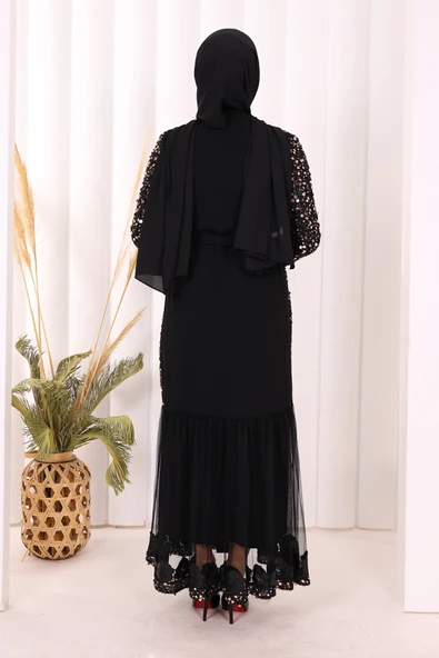 Tül İşleme Detay Pul Payetli Abaya 7376 Gold - Resim 6