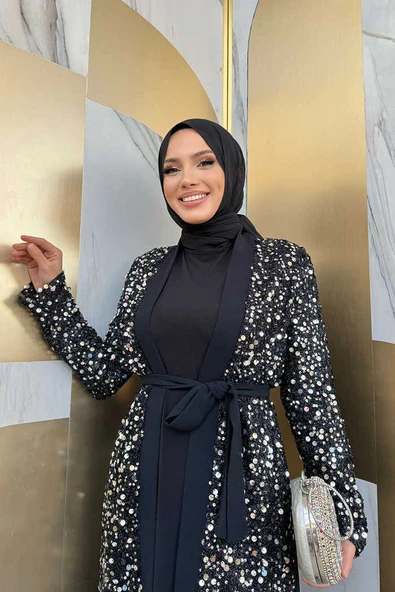 Tül İşleme Detay Pul Payetli Abaya 7376 Gümüş - 8