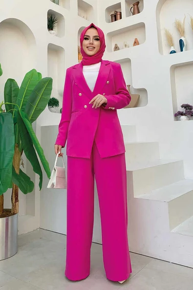 Düğme Detay Blazer Ceket Bol Pantolon Takım 8302 Fuşya ürün görseli