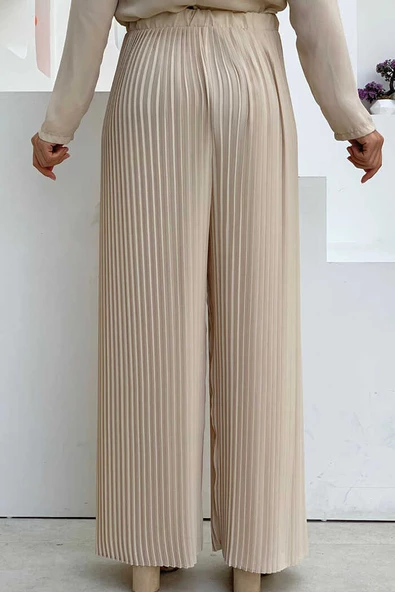 Bel Lastikli Bağcık Görünümlü Piliseli Pantolon 0129 Taş - Resim 2