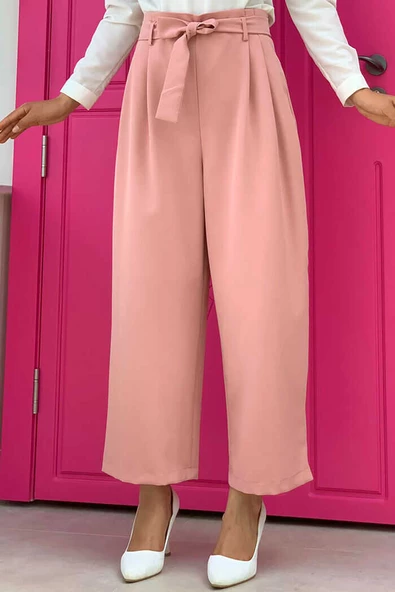 Fermuarlı Bel Bağcıklı Pantolon 0174 Pudra