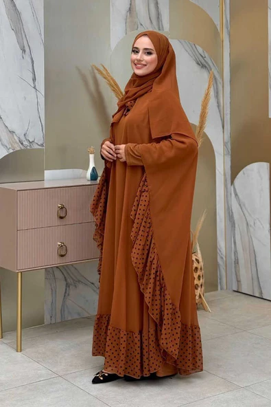 Benekli Yaka Detay Şifon Pelerinli Elbise Takım 3643 Taba - Resim 2