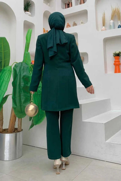 Düğme Detaylı Kısa Ceket Pantolon Takım 8352 Zümrüt - Resim 3